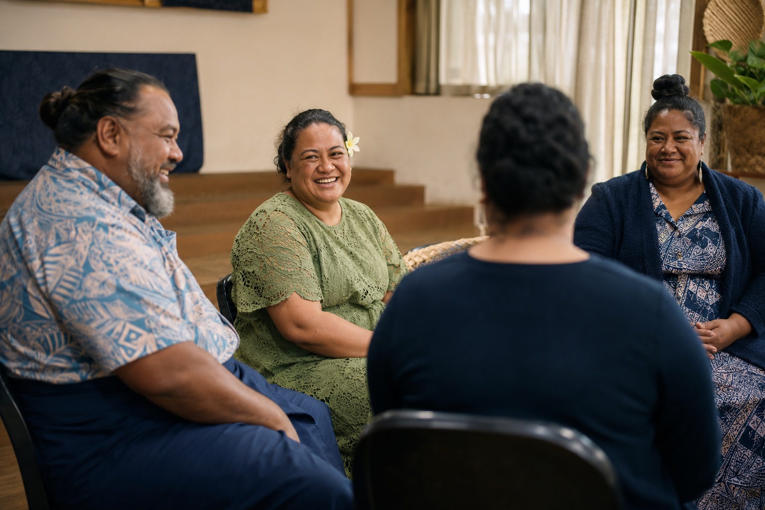 Pasifika community members talking together in a supportive talanoa circle
