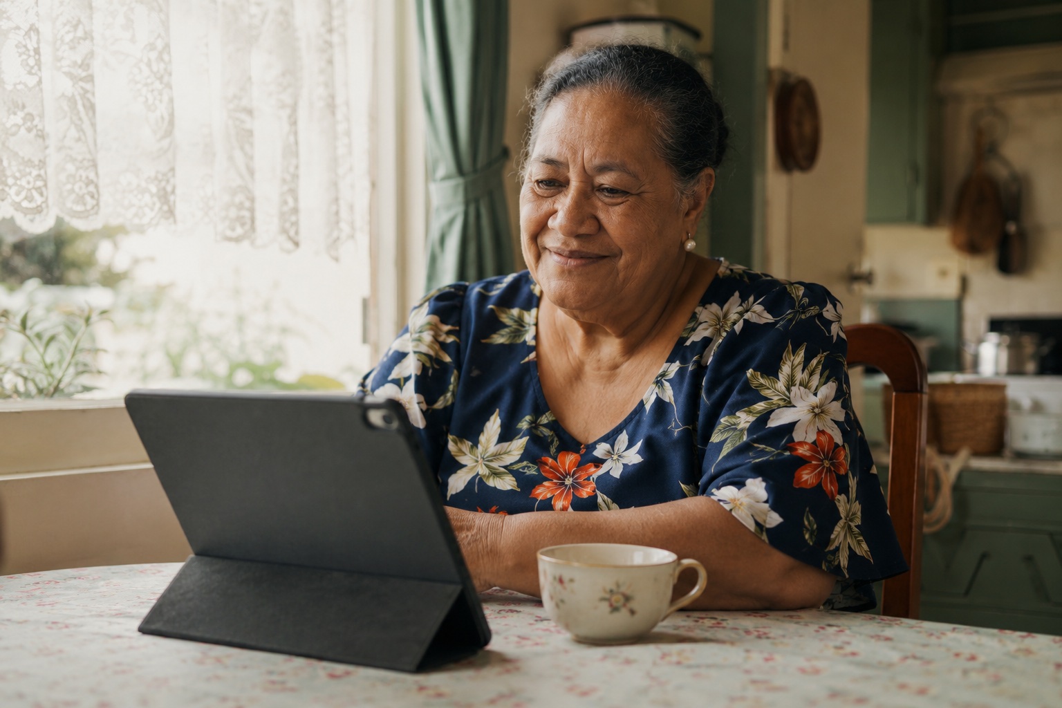 A Pasifika grandmother on a video health call at her kitchen table